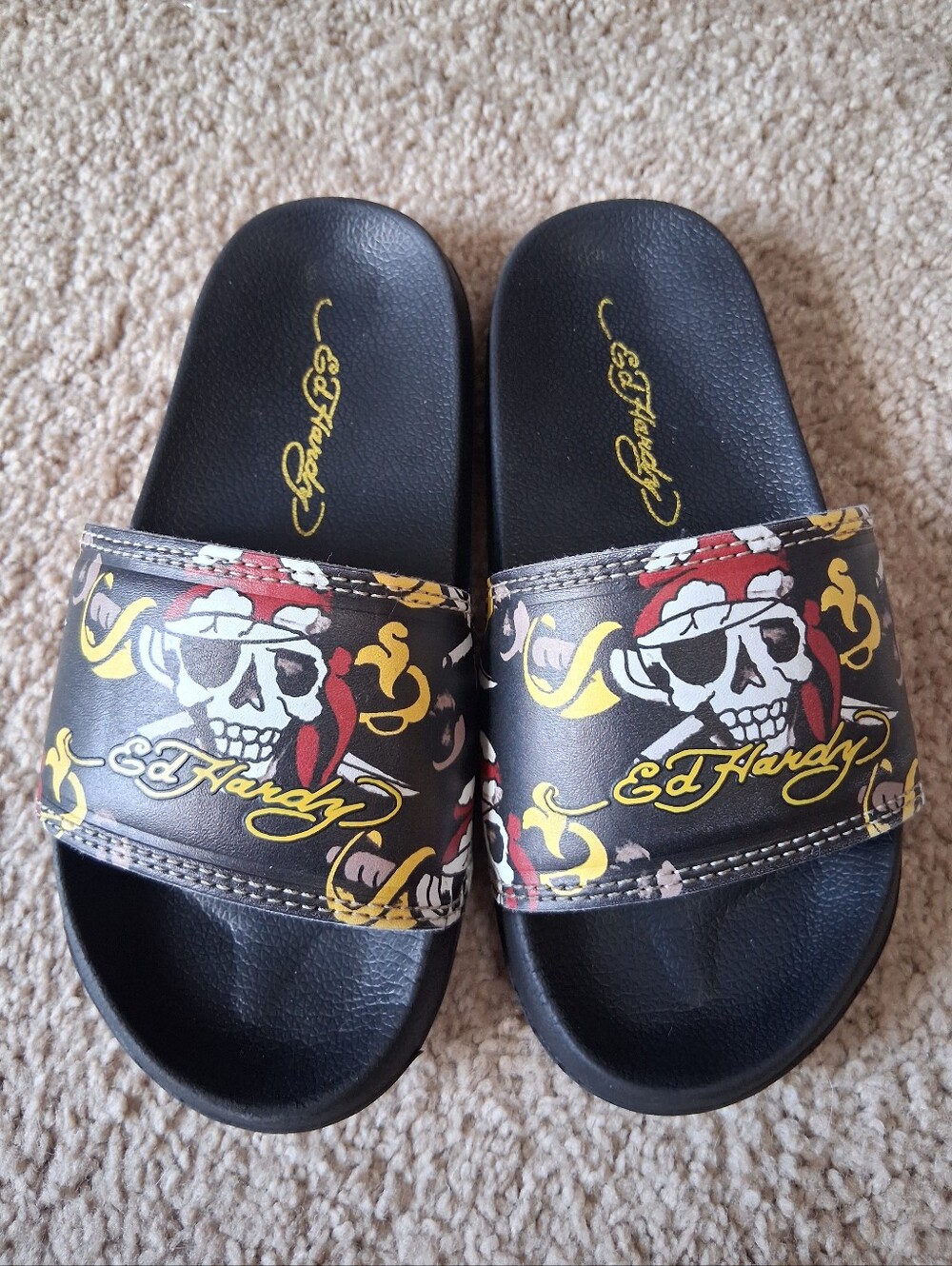 Ed Hardy Slide Sandals Shoes Kids Size 12 Black Skull Pirate Logo Slip On